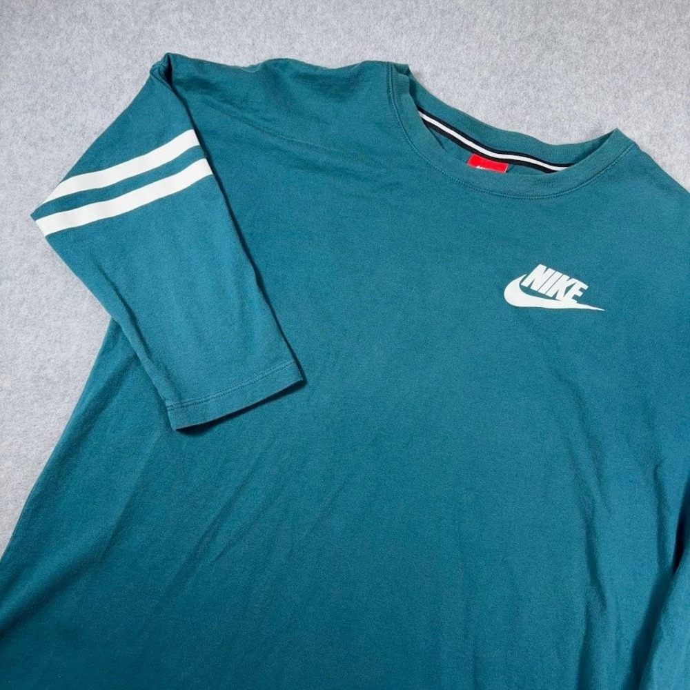 Nike  3/4 Sleeve Graphic Tee Womens‎ Large Teal Just Do It Curved Hem Sporty